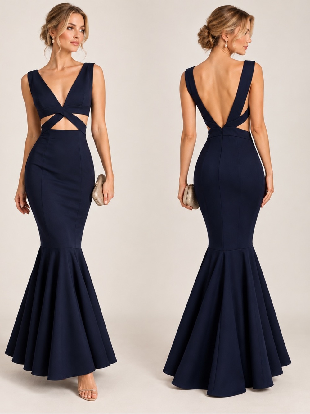 Fame and Partners Navy Blue Cutout Mermaid Gown Maci Dress Trumpet Formal Size 8